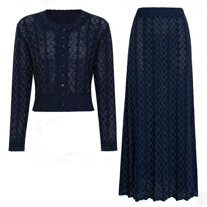 Ensemble femme haut et jupe en tricot élastique de luxe, style féminin, manches longues, nouvelle co