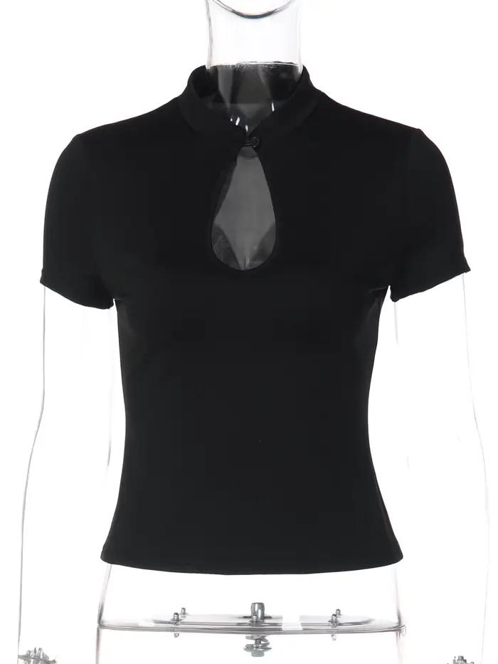 T-shirt Dulzura à col mandarin, manches courtes, style chinois, boutons noués, ajouré, mode décontra