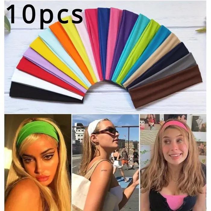 10 pièces bandeau élastique bandeaux de mode pour les femmes, couleur unie course Fitness Yoga bande