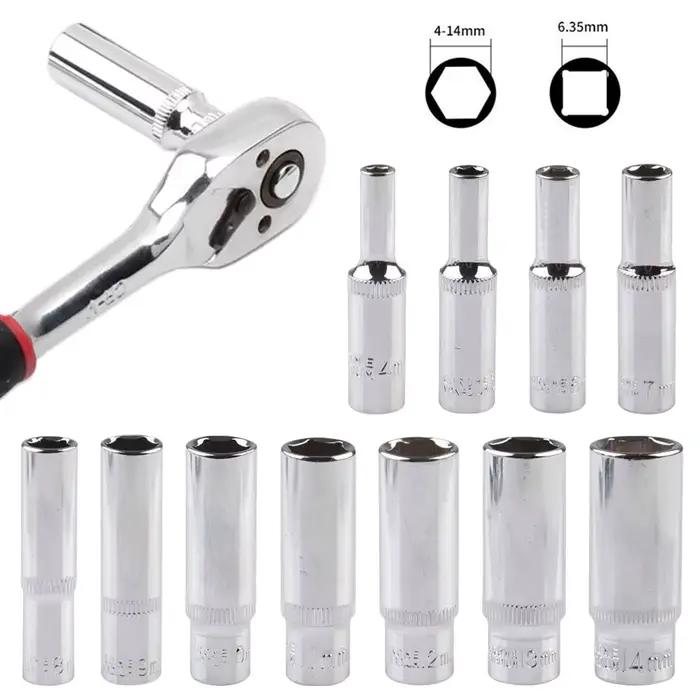 Adaptateur de douille profonde de 4 à 14mm, clé à douille hexagonale de 1/4 pouces, outil à cliquet,