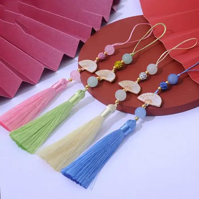 Glands en éventail blancs, 2 pièces, marque-page, soyeux, doux, faits à la main, avec boucles, pour