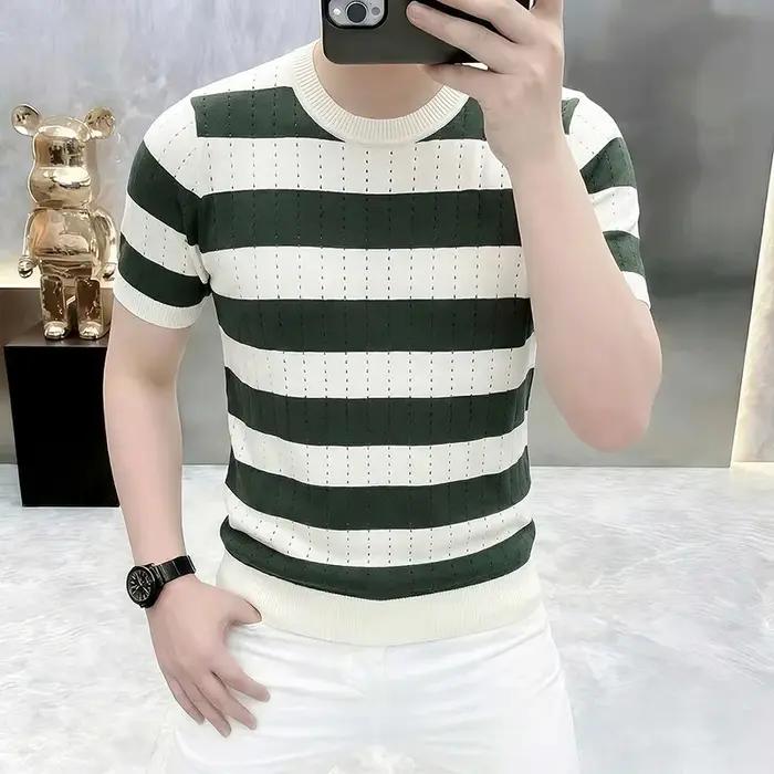 T-shirt en maille de soie glacée style britannique pour homme, rayé, à manches courtes, col rond, co