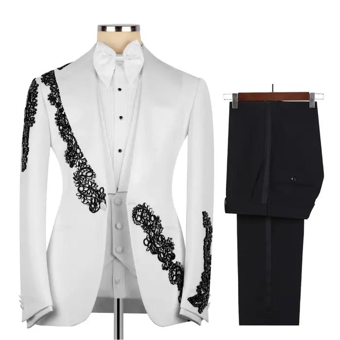 Costume de Mariage Formel Perlé pour Homme – 3 Pièces Slim Fit avec Veste à Revers Châle, Pantalon e