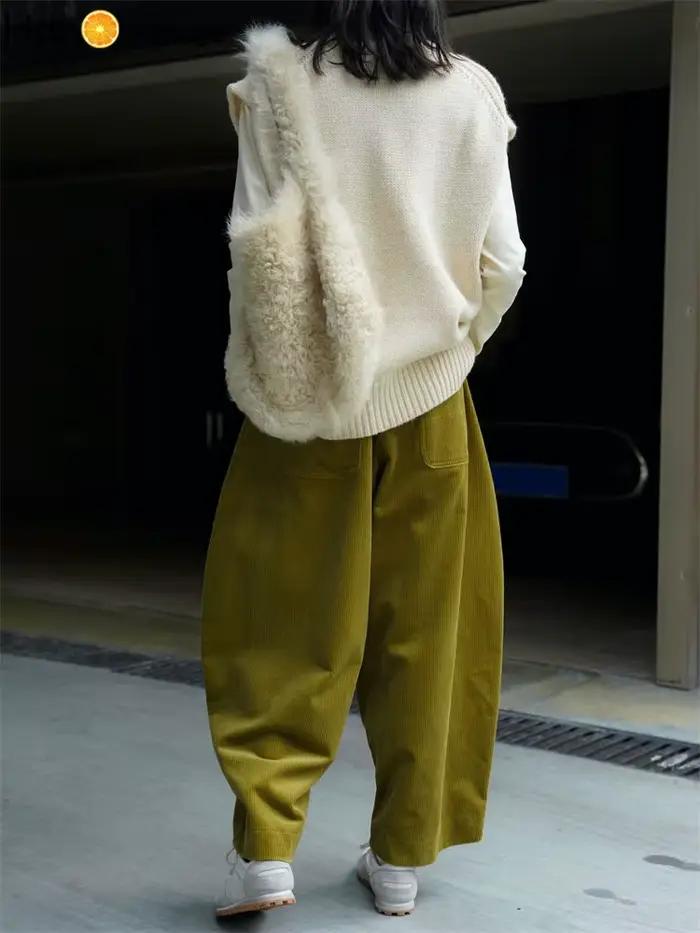 HanOrange-Pantalon large en velours côtelé pour femme, périphérie paresseuse, taille élastique, déco