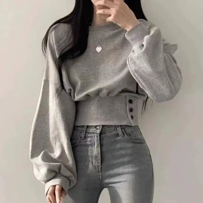 Haut court à col rond pour femme, couleur unie, manches lanternes, avec boutons, pull sportif Hip-Ho