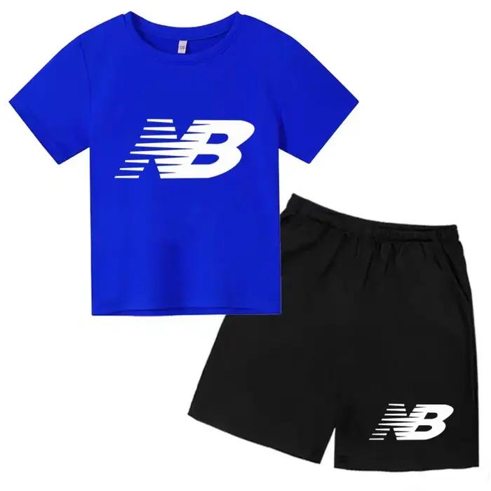 T-shirt noir à col rond et short pour enfants, ensemble de sport décontracté à manches courtes pour