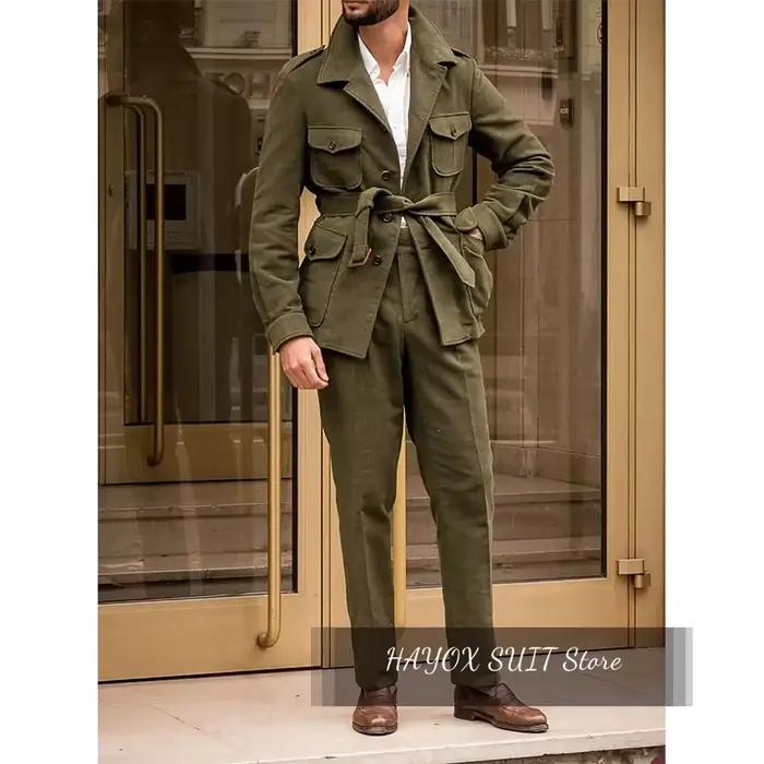 Manteau de html Vintage en Laine Verte pour Homme, Veste Slim, Pantalon Élégant, Tenue Décontractée,