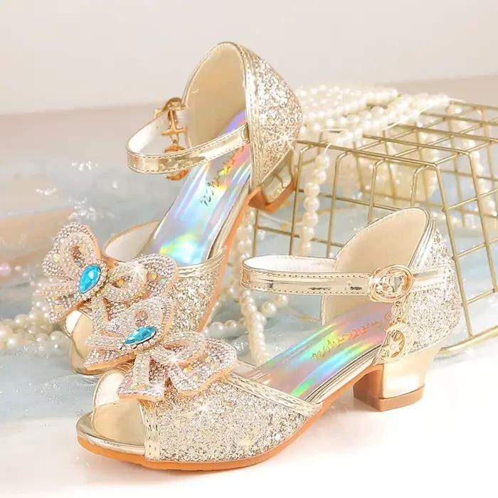 Sandales d'été à talons pour filles, chaussures à paillettes brillantes avec strass, chaussures de d