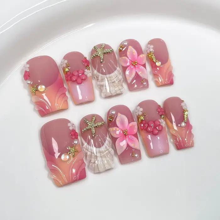 10 pièces 3D fleur verte à la main presse sur ongles français faux