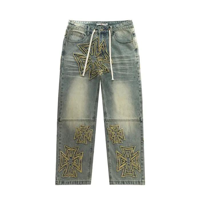 Jean baggy brodé délavé tendance 2026 pour homme – Pantalon cargo ample en denim de coton coupe droi