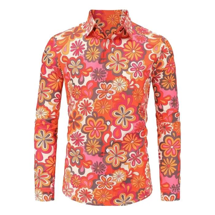  Chemise Hippie d'été des années 70 pour hommes, haut décontracté à manches longues et boutons rétr