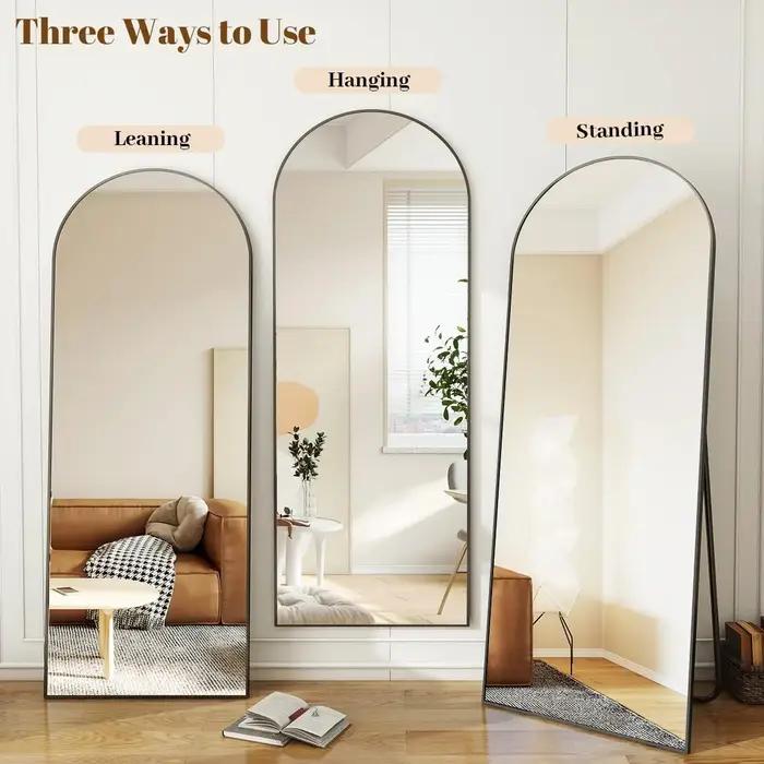 Miroir pleine longueur arqué, grand miroir de sol avec cadre en alliage d'aluminium, miroir sur pied