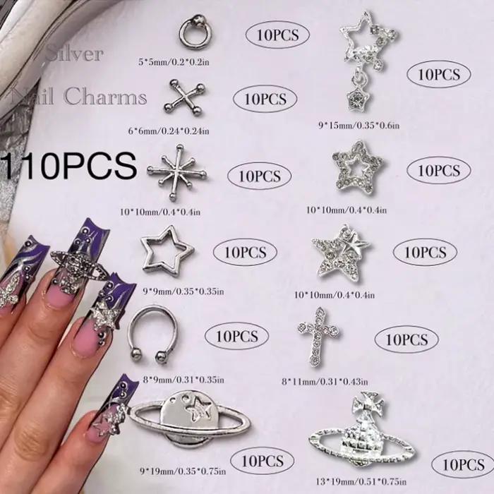 Breloques à ongles en alliage pour Nail Art, étoile argentée, planète, croix, décoration, charbon, b