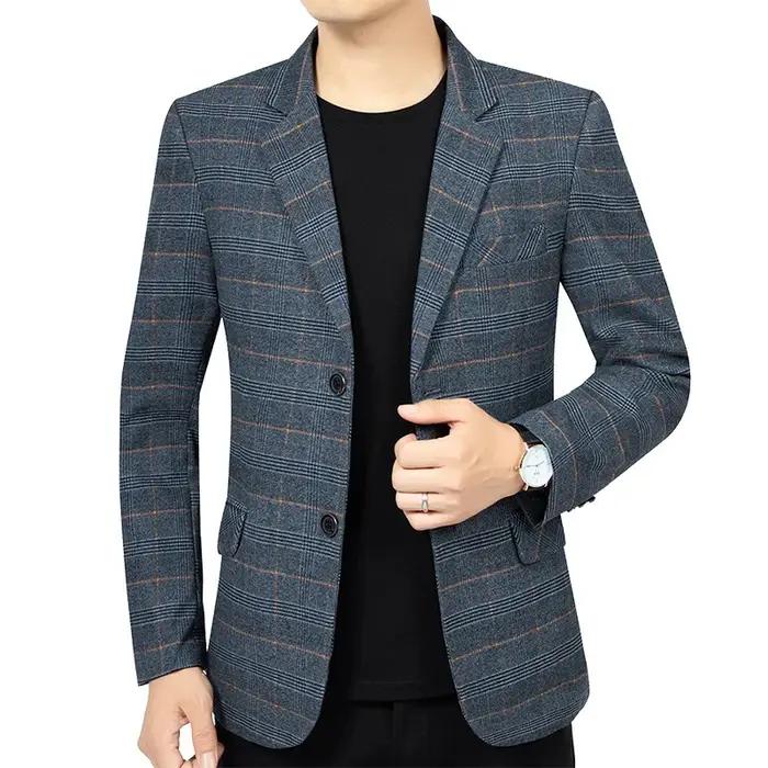 Blazer Homme Automne Tendance Rayé Contraste de Couleurs Veste de Costume Masculine Col Rabattu Manc