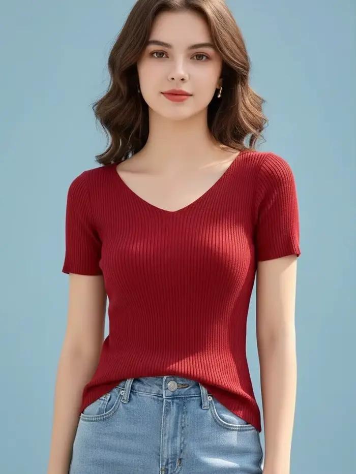 AOSSVIAO 2026 – Nouveau pull côtelé tricoté pour femme, col en V, uni, fin, moulant, à manches court