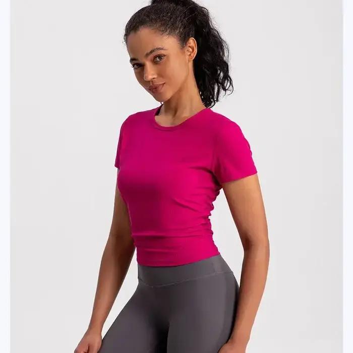 T-Shirt de Yoga sans couture pour femmes, chemise de Sport côtelée, hauts de Sport respirants, chemi