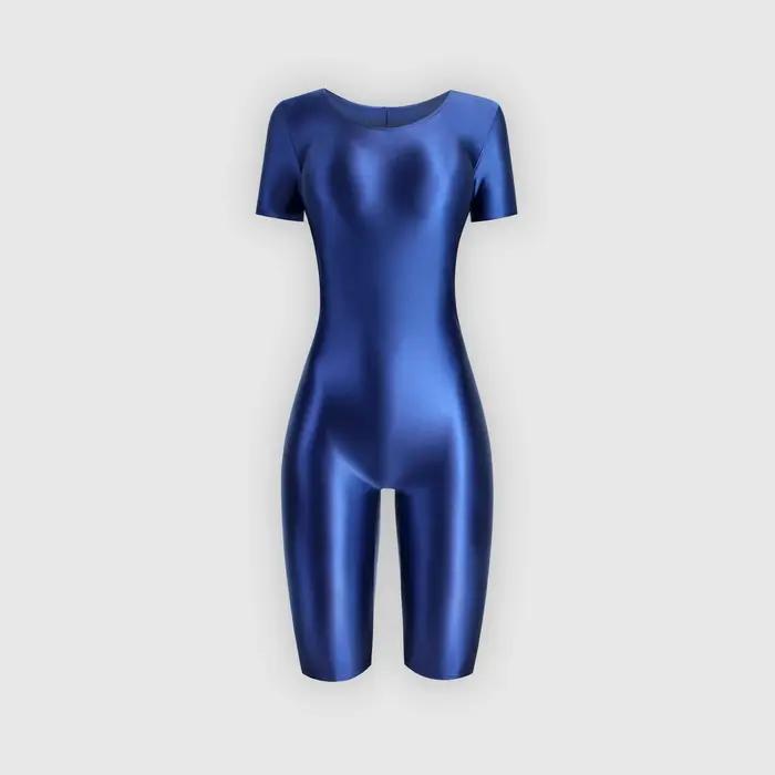 Maillot de bain une pièce en satin brillant pour femme, body sportif, collants huileux, lisse, manch