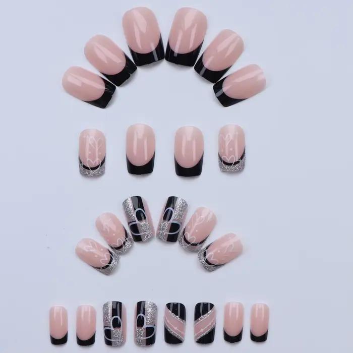 CuemployPusher-Faux ongles à paillettes argentées carrées noires, poignées amovibles et réutilisable