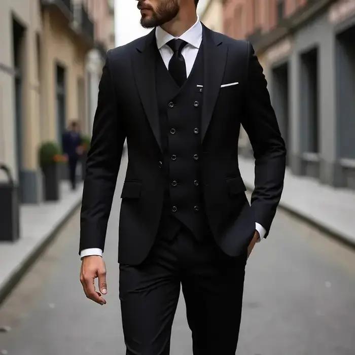 Costume homme fin et simple, couleur unie, simple boutonnage, style britannique, manches longues, av