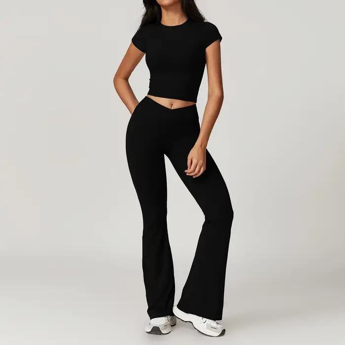 Ensemble yoga 2 pièces pour femmes - Haut court manches courtes et leggings fitness sport gym