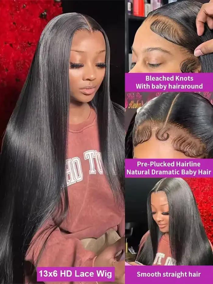 Perruque lace front 13x6 lisse pour femmes cheveux humains brésiliens HD lace pré épilée sans colle