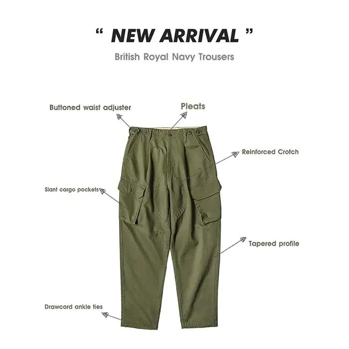 Pantalon vintage britannique Royal Navy pour hommes, pantalon cargo conique en pur coton, pantalon l