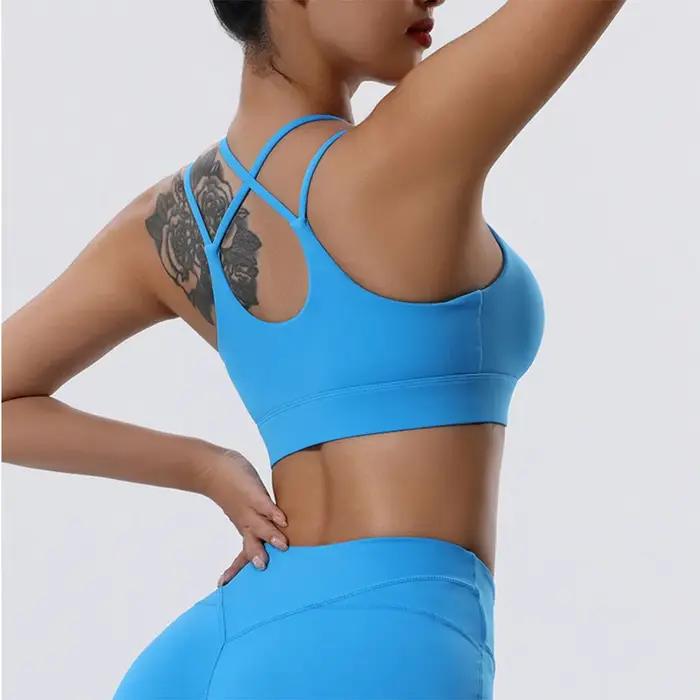 Soutien-gorge sport femme push-up - Brassière fitness respirante à sangle croisée