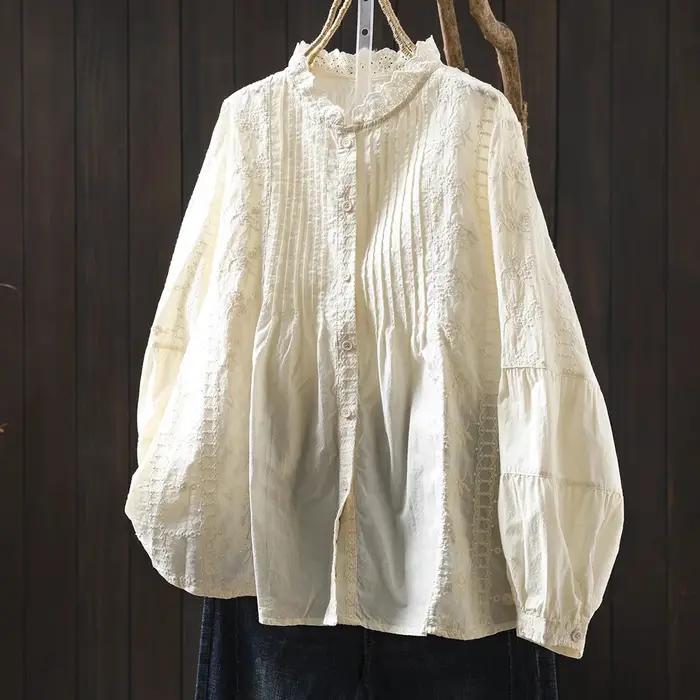 Chemisiers plissés en pur coton avec dentelle brodée pour femmes élégantes occasions spéciales