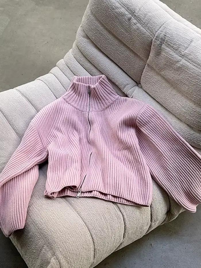 Cardigan décontracté en maille rayée pour femme, avec double fermeture éclair, manches longues, col
