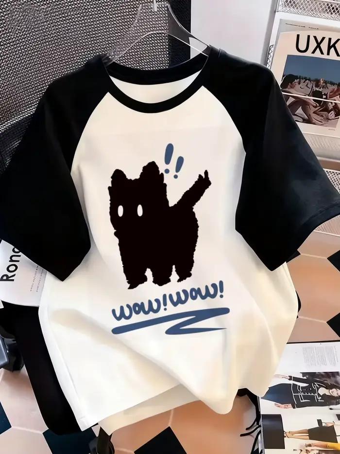 T-Shirt drôle avec lettres de chat imprimées, col rond, haut décontracté à manches courtes pour prin