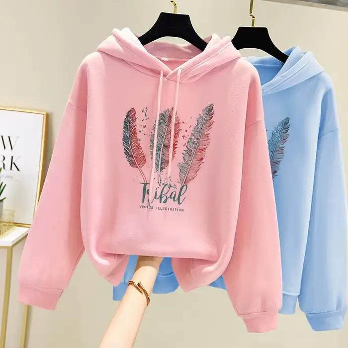 Sweat à capuche imprimé plumes pour femmes, mode automne hiver, Plus velours, décontracté, ample