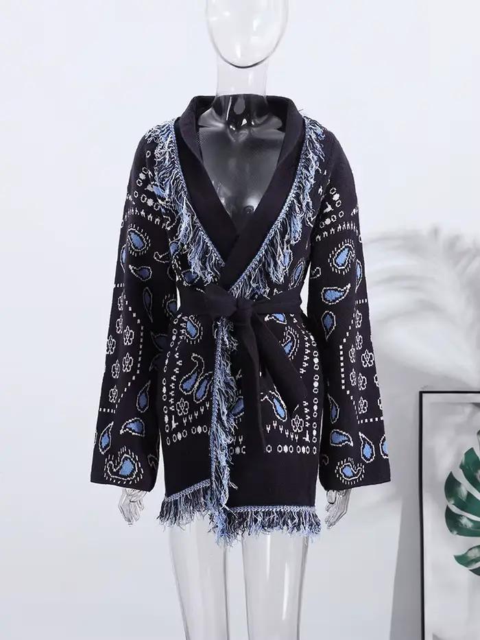 Cardigan imprimé Vintage avec pompons pour femme, col en v, manches longues, pull épissé, assorti av
