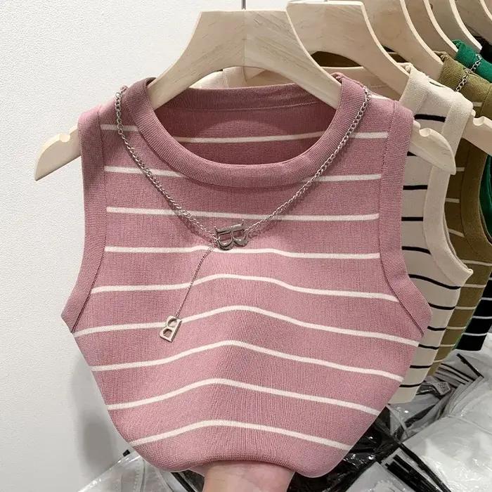 AOSSVIAO Nouveauté 2026 Gilet Femme Rayé à Bord Large, Haut d'Été Tricoté Court Sans Manches, Style