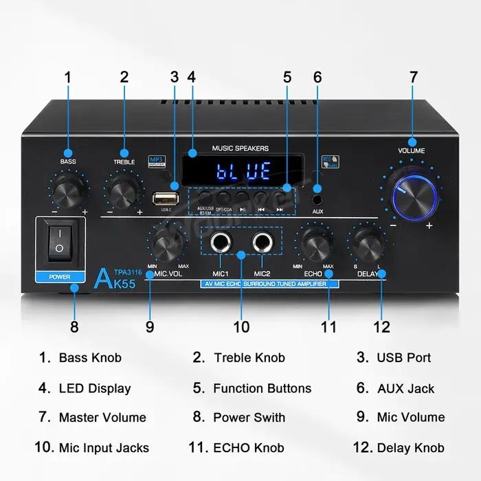 Woopker amplificateur AK55 900W Max 2.0 canaux évalués 70W + 70W Bluetooth Audio Hifi AMP karaoké le