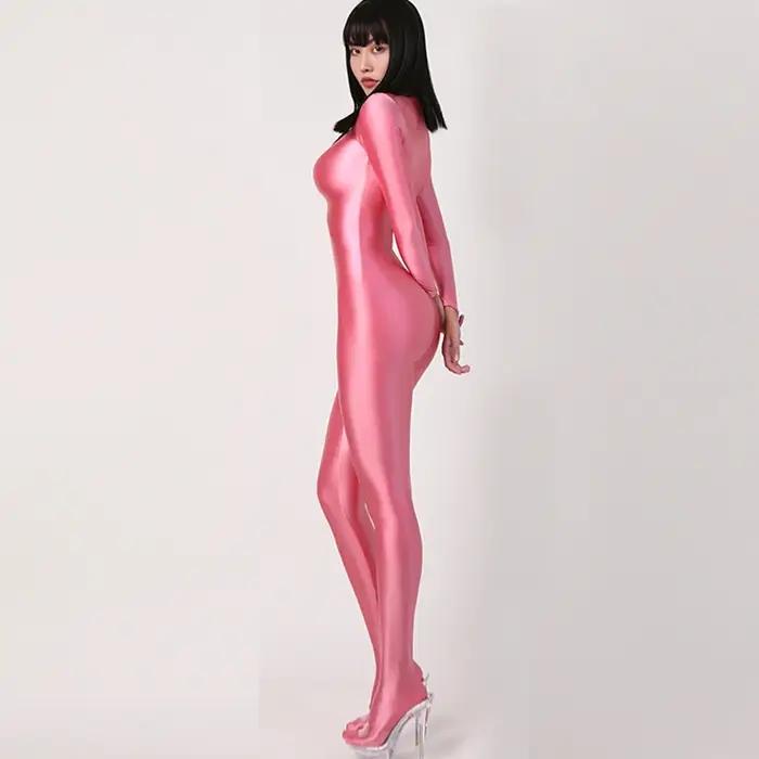 Japonais Sexy femmes à manches longues body une pièce maillot de bain collants soyeux Satin brillant