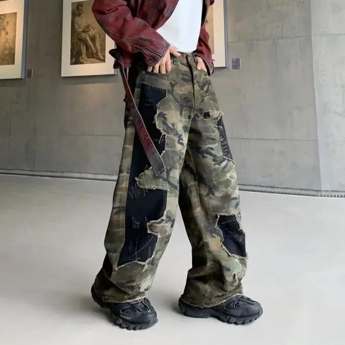 Faux jean déchiré délavé de Camouflage pour hommes, pantalon décontracté, ample et droit, nouvelle c