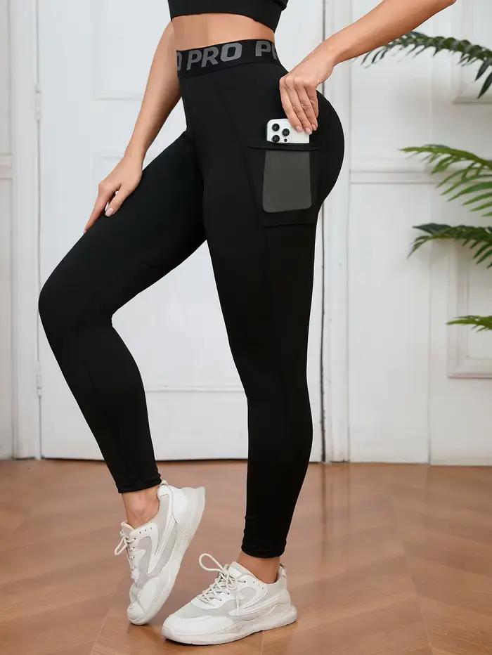 Leggings Yoga taille haute femme avec poches - Course entraînement extensible lettres imprimées - Polyvalent