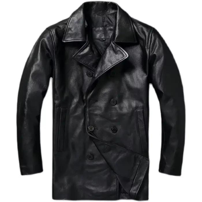 LNY Shop Top-Veste en cuir véritable pour homme, manteau d'affaires long en cuir de cercle noir, par