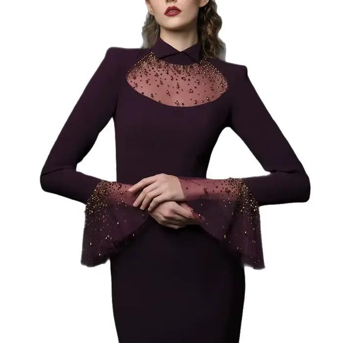 Nouvelle Collection 2026 – Robe Longue de Créateur pour Femme avec Col à Revers, Maille Patchwork, D