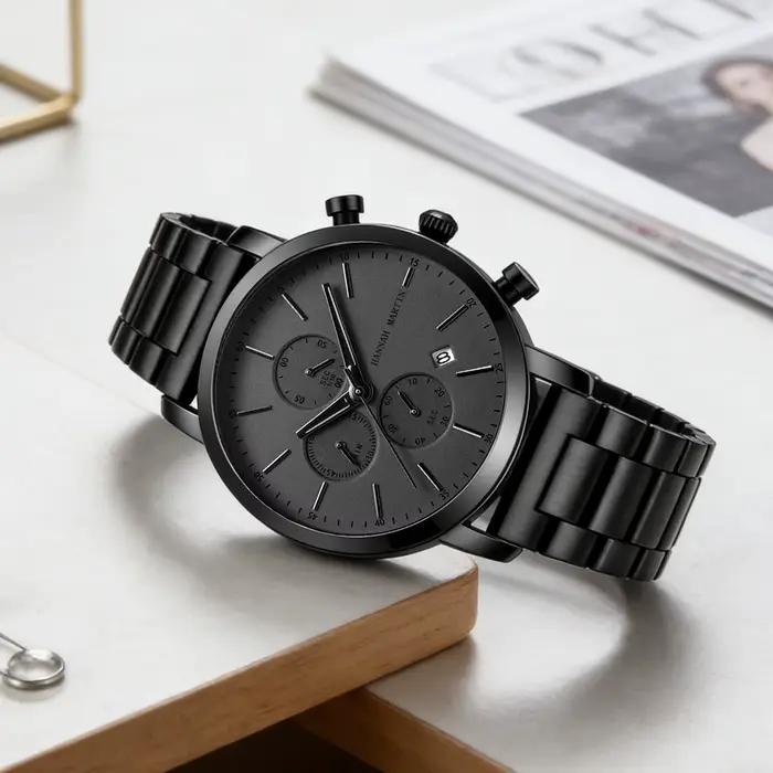 HANNAH MARTIN marque haut hommes montre noir en acier inoxydable mode étanche sport multifonctionnel
