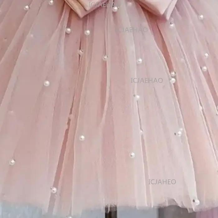 Robe de cérémonie pour enfant 2026 rose à manches bouffantes, ornée de perles et d'un nœud, pour dem