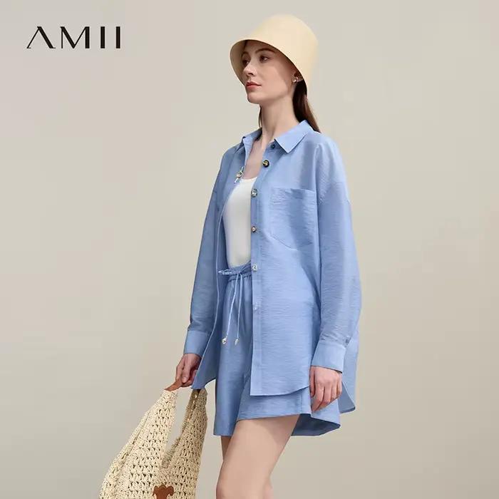 Chemisier Amii pour femme, nouvelle collection été 2026, col à revers, épaules tombantes, manches lo