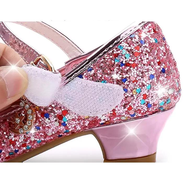Chaussures en cuir à talons hauts pour filles, chaussures de princesse pour enfants, fleur, paillett