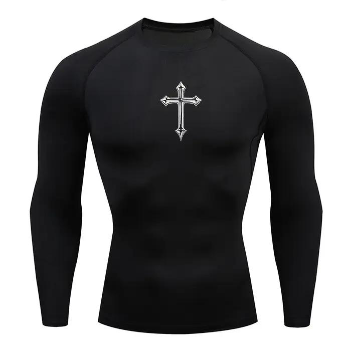 Chemise de compression à imprimé croisé pour hommes, t-shirt athlétique chrétien, hauts d'entraîneme