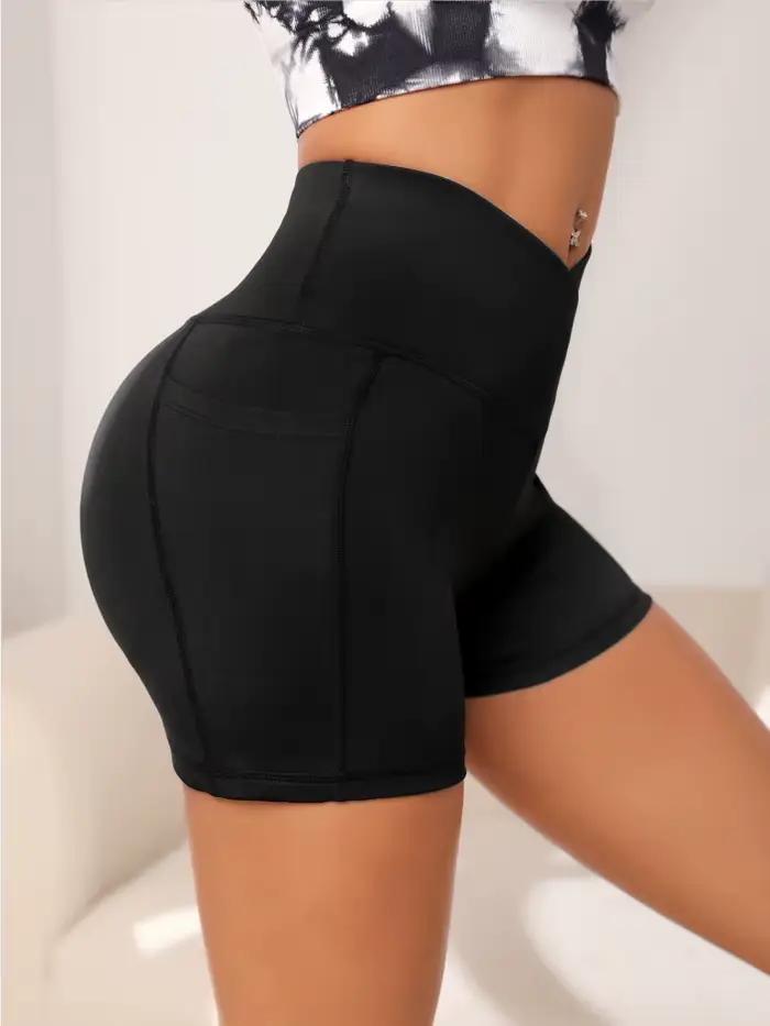 Short motard yoga taille haute femme - Pantalon fitness avec poche croisée pour entraînement