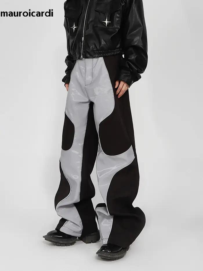 Mauroicardi-Pantalon en cuir PU patchwork doux pour hommes, vêtements de créateur de luxe, long et c
