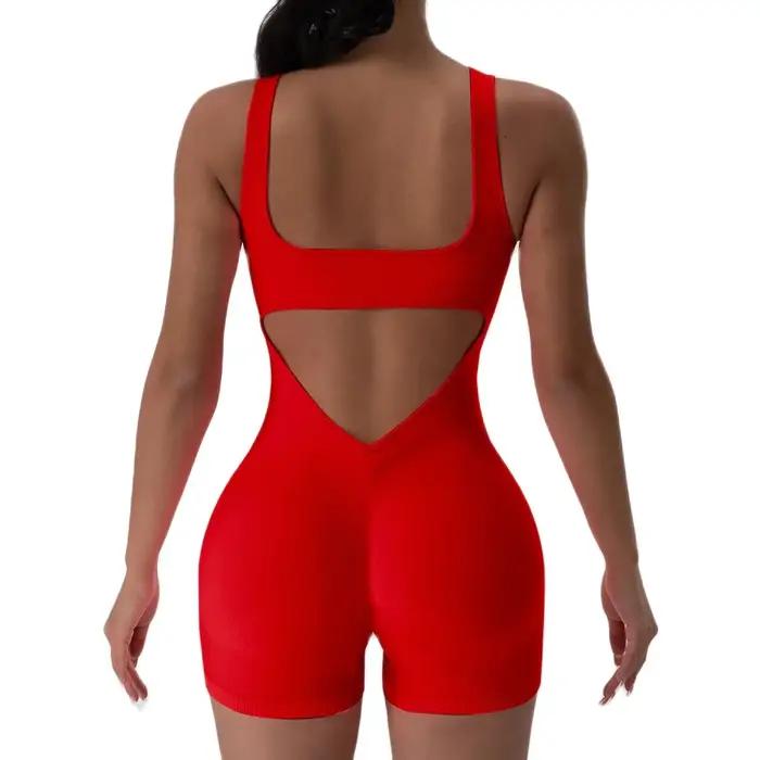 Combinaison de Yoga dos nu, 1 pièce, col en U, sans manches, combinaison de sport, couleur unie, fil