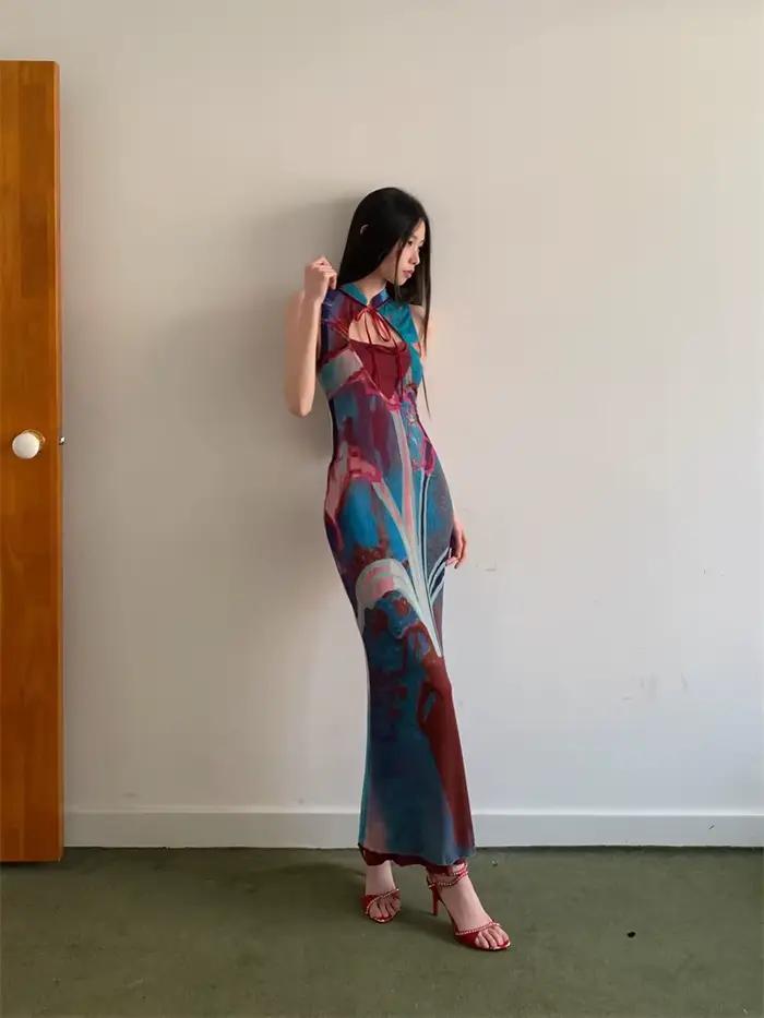 CHEERART Designer Floral longue robe d'été femme 2025 fête soirée moulante tuniques sans manches une