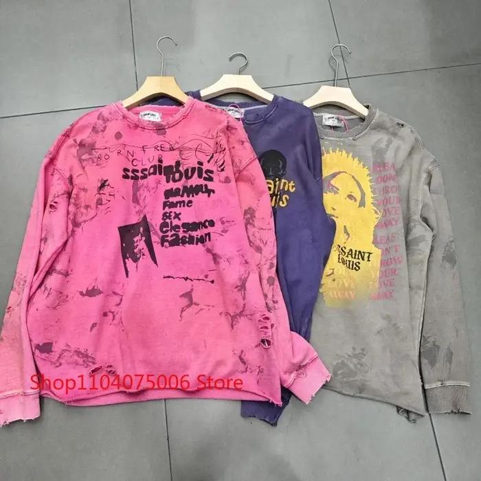 Saint col rond sweat Vintage imprimé trous en détresse lavé délavé unisexe surdimensionné vêtements