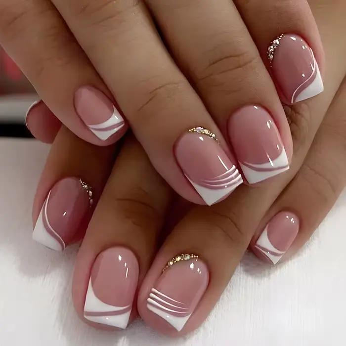 Faux ongles à tête carrée Simple, avec colle gelée, dégradé rose et blanc, presse française sur faux